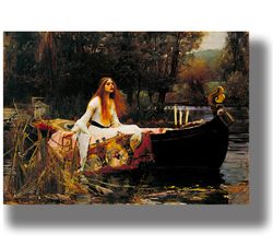 lady of shalott. john william waterhouse. the woman in the coffin print. mythological wall art. fantasy reproduction 395