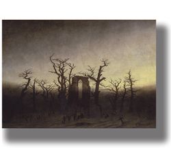 the abbey in the oakwood. painting by caspar david friedrich. atmosheric art print. gloomy and mysterious picture. 10.