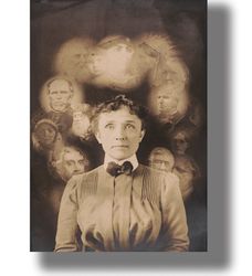 Vintage image with the faces of spirits. Victorian photograph poster. Horror decor with ghosts. Creepy photo art. 890.