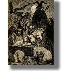 unholy black mass with a goat and a whore's body as an altar. black magic ritual. witchcraft art print. 857.