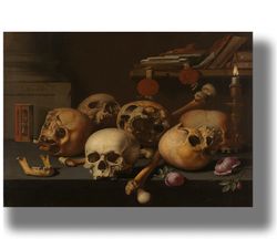 vanitas still life with many skull. creepy wall hanging. memento mori print. spooky artwork. grim gift. 338.