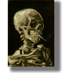 vincent van gogh - head of a skeleton with a burning cigarette. smoking skeleton print. skull wall hanging. 716.