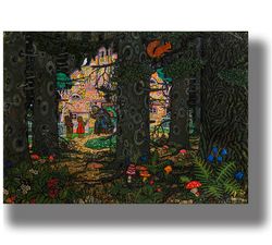 hansel and gretel at the witch's gingerbread house. fairy tales of the brothers grimm. magic forest picture. 840.