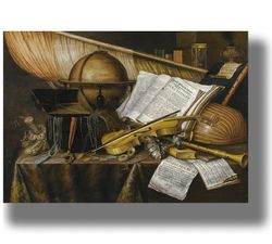 still life with a globe, hourglass, musical instruments and other symbols of human futility. still life art print. 718.