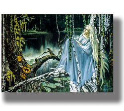 mermaid sitting on a tree by the lake. mythical art print. malicious spirit illustration. slavic folk home decor. 559.