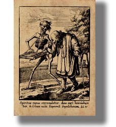 the old man and death. macabre art print. vintage style poster with skeletons. dark wall hanging. memento mori gift. 394