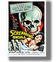 the screeming skull. vintage horror movie poster. grindhouse film art. hollywood thriller artwork. scary poster. 676.