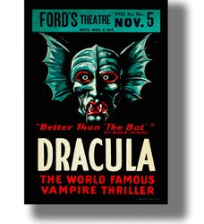 dracula vintage poster at fords theatre. gothic home decor by bram stoker. a creepy illustration with a vampire. 594.