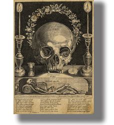 a skull, a skeleton, candles and other symbols of mortality. gloomy funeral decor. memento mori art print. 690.