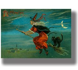 halloween poster with a black cat and a witch on a broom. witchcraft print. vintage retro postcard. 60.