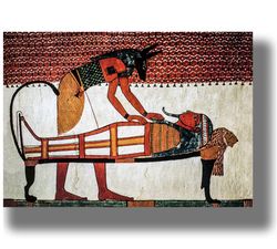 anubis, god of the dead, leaning over sennutem's mummy. dark art gift. book of death artwork. 342.