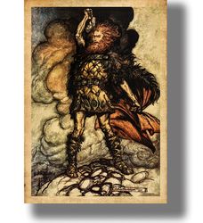 the pagan god thorand andhis hammer mjolnir. scandinavian aesthetic gift. arthur rackham artwork. pagan poster. 409.