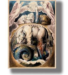 behemoth and leviathan. william blake artwork. esoteric art print. wall decor with apocalyptic beasts. 365.