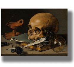 still life with a skull and a writing quill. pieter claesz. philosophical poster. gothic still life home decor. 532.