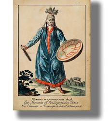 siberian woman shaman beats a tambourine. poster in ethnic style. tribal illustration. folklore gift. 240 h.