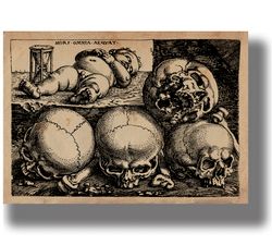 a sleeping child with an hourglass and four skulls. dark style wall hanging. vintage scary art print. 691.