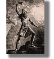 thunderer thor with his hammer. scandinavian pagan god artwork. mjollnir art print. poster of nordic mythology. 681.