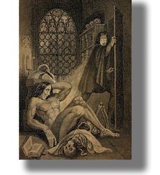 Dr. Frankenstein and his monster. Gothic home decor. Dark print with ancient European legend. 525.