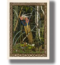 baba yaga in a mortar. slavic folklore for wall decoration. ivan bilibin artwork. russian fairy tales reproduction. 452.