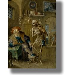 death and the miser. death comes to the banker. grim art print. famous plot in the style of remember death. 321.