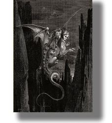 the descent of the abyss on geryon's back. infernal art print. black white gothic decoration. 200h.