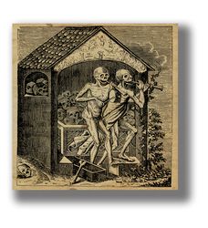 dance of death: the ossuary and two skeletons playing flutes. macabre poster. gothic home decor. print on canvas. 811.