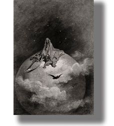 the raven and grim reaper by gustave dore. poster with a skeleton on a globe. gothic poster as a gift. 425.