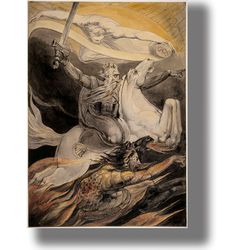 Death on a Pale Horse by William Blake. Dark home and wall interior. A poster with a religious painting. 167.