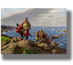 leif erikson discovers america. icelandic illustration with vikings and drakkars. scandinavian home decor. 726.