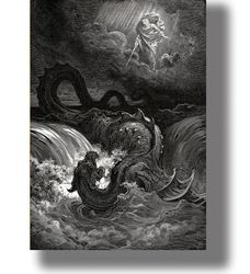 the destruction of leviathan. an engraving by gustave dore. the sea monster print. the bible illustrations. 195.