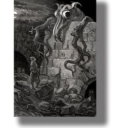 gnarled monster. gustave dore artwork. poster with demonic kraken. a beautiful gift with cthulhu. monster art print. 79.