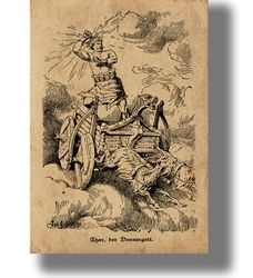 the god of thunder thor with the hammer mjolnir on a chariot drawn by goats. eddic mythology artwork. 557.