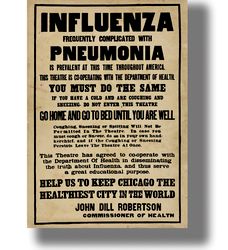 influenza frequently complicated with pneumonia. medicine wall hanging. vintage medical art poster. epidemic decor. 869.