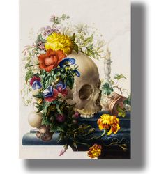 a painting with a skull, a candle and flowers. beautiful gothic poster. memento mori reproduction. 414.