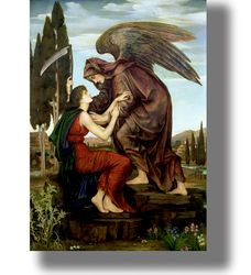 angel of death with a scythe and maiden. poster with grim reaper. painting by evelyn de morgan. 383.