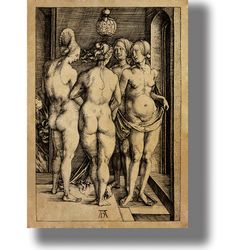 four naked witches. albrecht durer. nude woman vintage art poster. magical illustration with naked sorceresses. 235