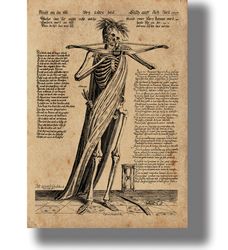 memento mori! a skeleton with bow and arrow. dark aesthetic wall art. medieval style reproduction. gothic gift. 538.