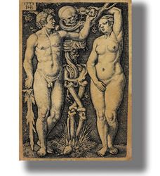 adam, eve, the tree of knowledge in the form of a skeleton and a snake giving an apple. the fall of man print. 370.