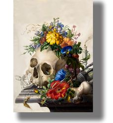 human skull in flowers. dark still life art print. gothic flowers decor. symbolic poster on canvas & handmade paper. 415