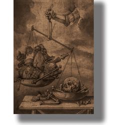 allegory of vanity. on the scales of god, death is heavier than symbols of power. gloomy style wall decor. 535.