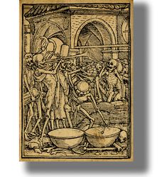 dance of death: the trumpeters of death. hans holbein artwork. memento mori print. bones, skeletons and skulls 600.