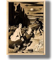night scene with goats and devils. black magic art. occult style for wall decor. a witches sabbath with demons. 443.