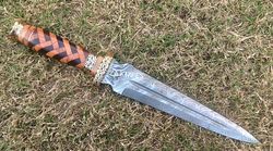 beautiful handmade damascus dubble edge 16inch with leather sheath