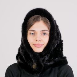 womens fur mink winter fashion hood from real luxury fur mink black color