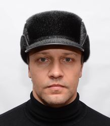 men's winter jockey cap genuine fur seal fur with lapel genuine leather black and telpy men's winter cap