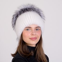 winter fur mink hat women knitted luxury real fur mink hat fox fur pom pom