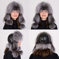 womens earflap fox fur hat with made of real silver fox fur and genuine black leather