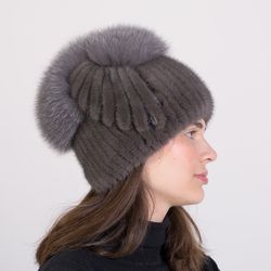 real mink fur knitted beanie hat with genuine fox fur pomponop women's hat