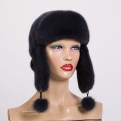 ushanka hat. warm winter mink fur hat. womens fur hat. winter mink hat. real fur hat. mink hat. fur hats. winter fur hat