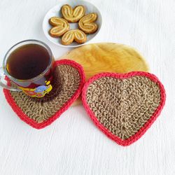 crochet valentine coaster heart pattern easy coaster jute crochet pattern for beginners crochet cup coaster